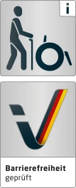 Kennzeichnung „Barrierefreiheit geprüft - teilweise barrierefrei für Menschen mit Gehbehinderung“
